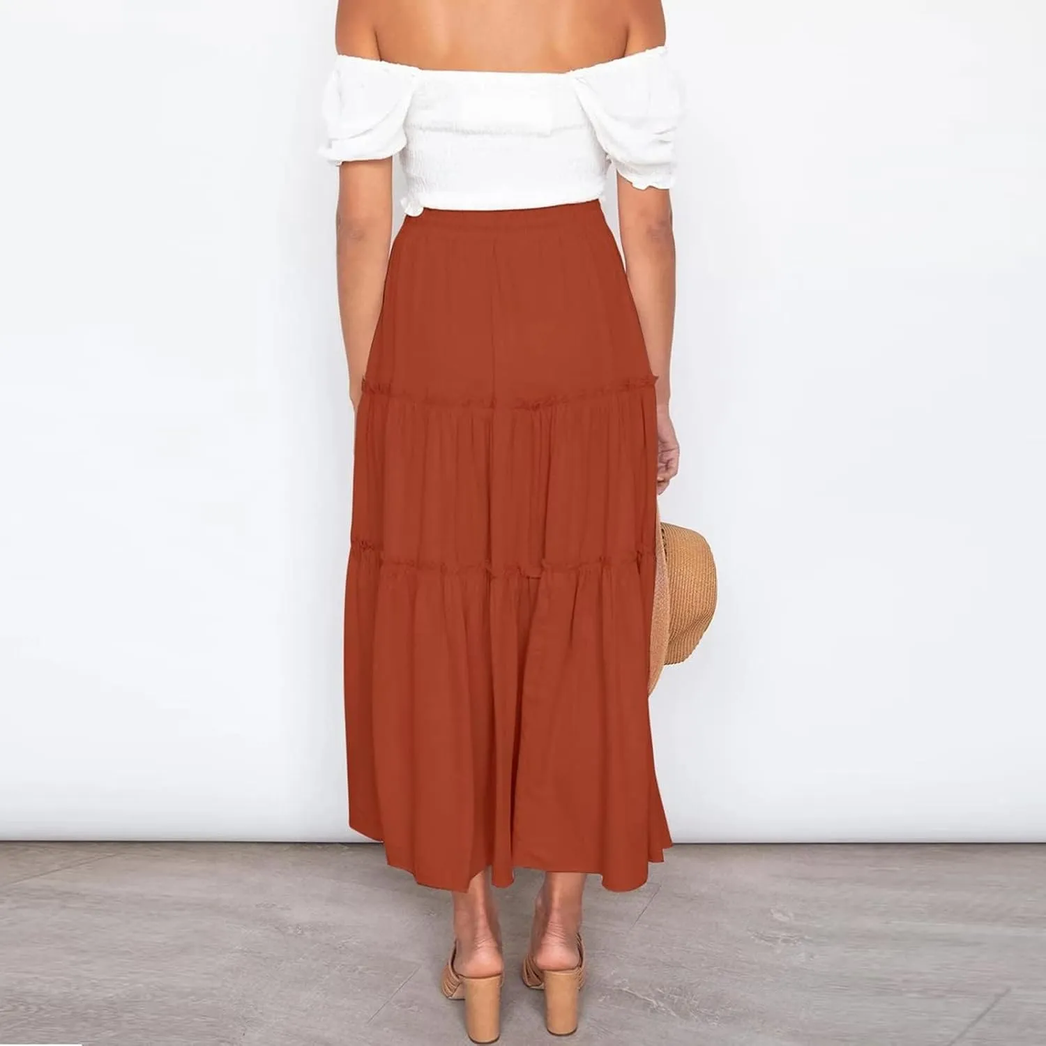 Womens Summer Boho Maxi Skirt A-Line Flowy Ruffle Trendy Drawstring Elastic High Waist Pleated Beach Long Skirts