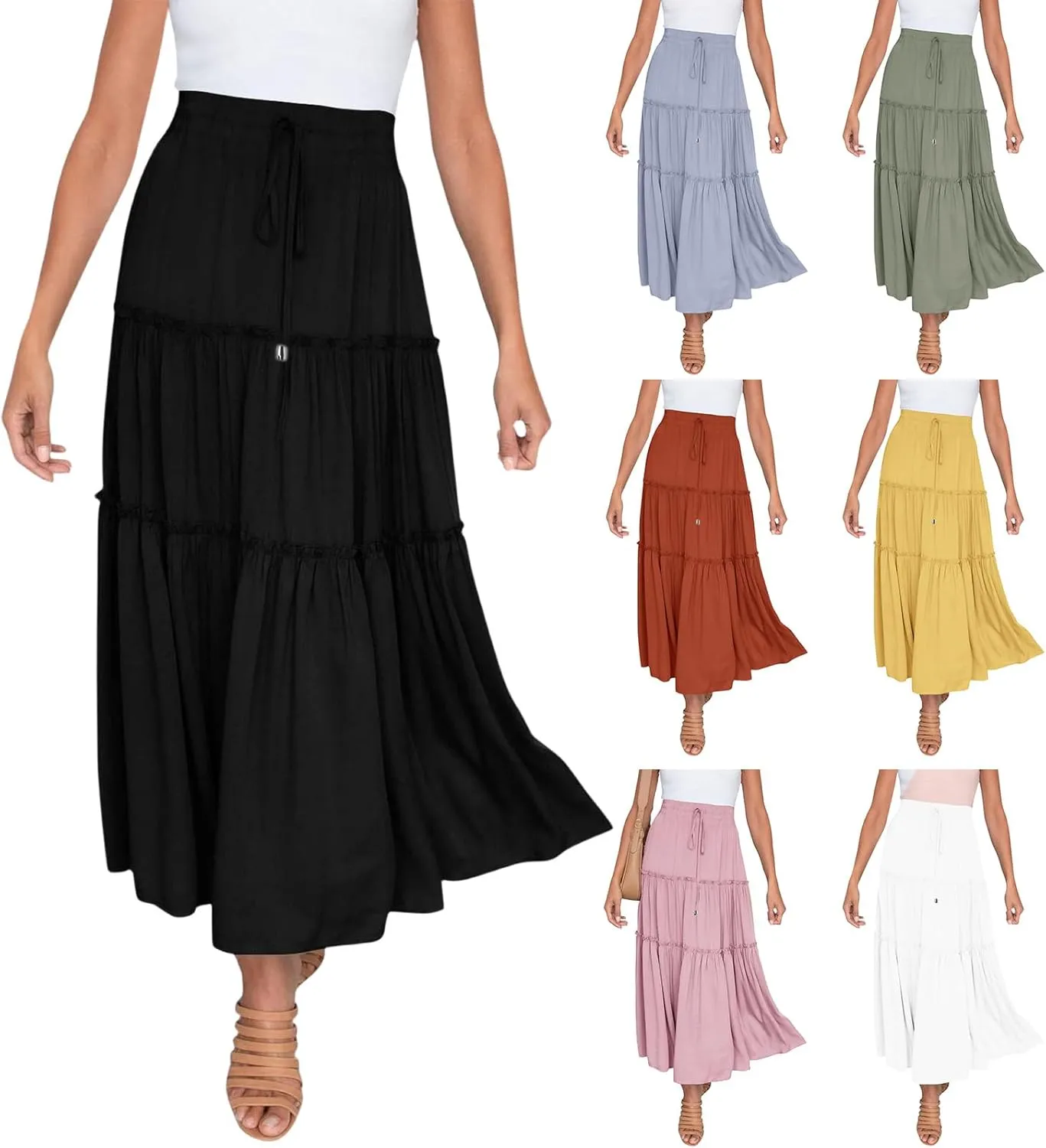 Womens Summer Boho Maxi Skirt A-Line Flowy Ruffle Trendy Drawstring Elastic High Waist Pleated Beach Long Skirts