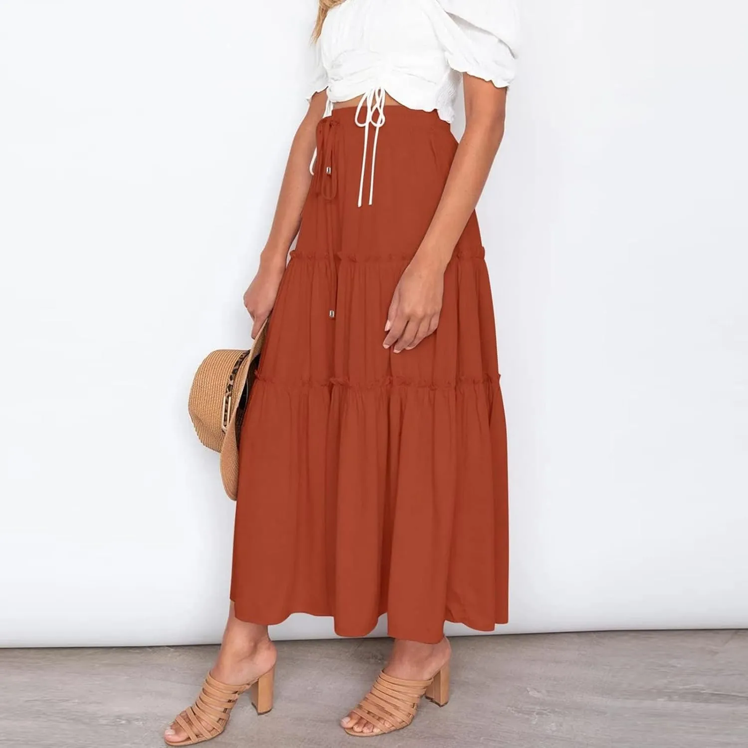 Womens Summer Boho Maxi Skirt A-Line Flowy Ruffle Trendy Drawstring Elastic High Waist Pleated Beach Long Skirts