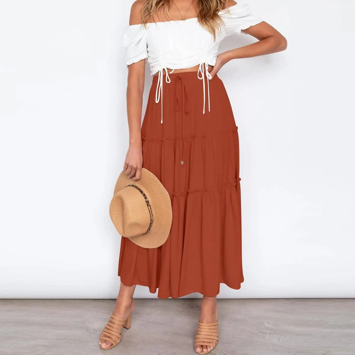 Womens Summer Boho Maxi Skirt A-Line Flowy Ruffle Trendy Drawstring Elastic High Waist Pleated Beach Long Skirts