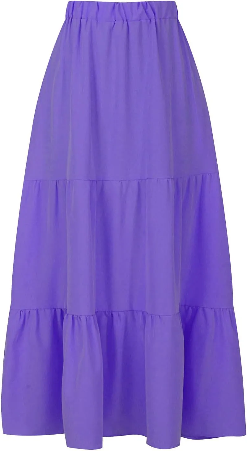Womens Summer Boho Maxi Skirts Elastic Waist Pleated A Line Long Skirt Flowy Tiered Swing Beach Skirt with Pockets