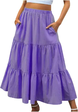 Womens Summer Boho Maxi Skirts Elastic Waist Pleated A Line Long Skirt Flowy Tiered Swing Beach Skirt with Pockets