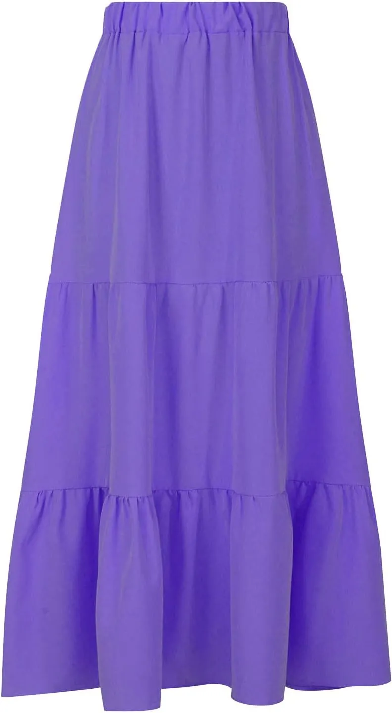 Womens Summer Boho Maxi Skirts Elastic Waist Pleated A Line Long Skirt Flowy Tiered Swing Beach Skirt with Pockets