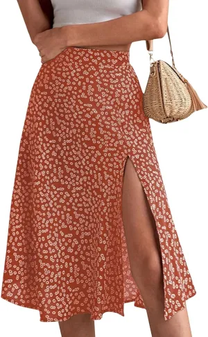 Women's Summer Casual Loose Trendy Elastic High Waist Floral Print Bohemian Split Sun Beach Midi Skirts 2025, S-3XL