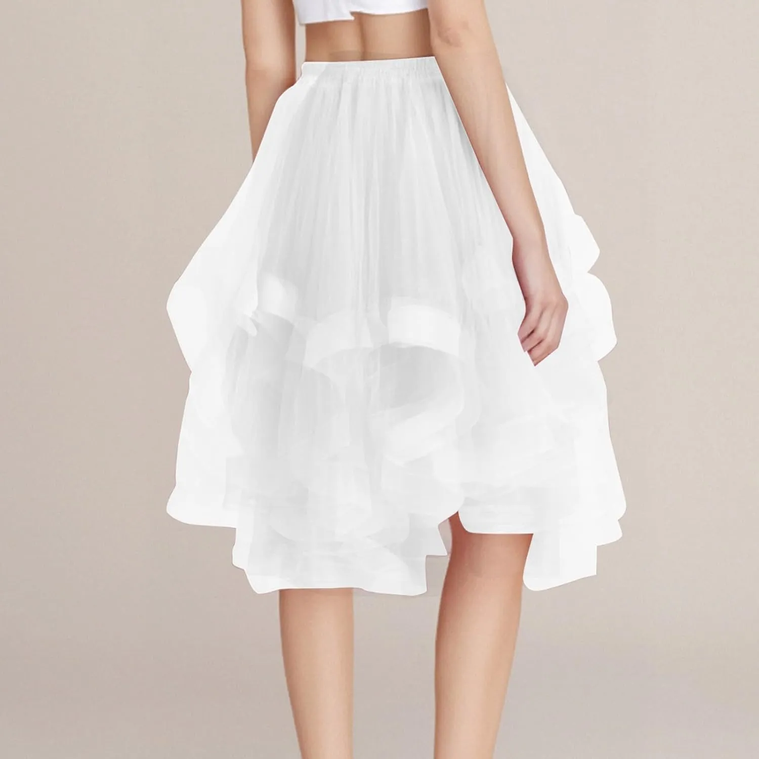Women's Summer Casual Loose Trendy Elastic High Waist Solid Color Fluffy Mesh Party Latin Dance Flowy Skirts, S-XL