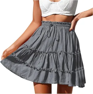 Women's Summer Cute High Waist Ruffle Skirt Drawstring Solid Color Teen Girls Swing Beach Mini Skirt 2025 Trendy
