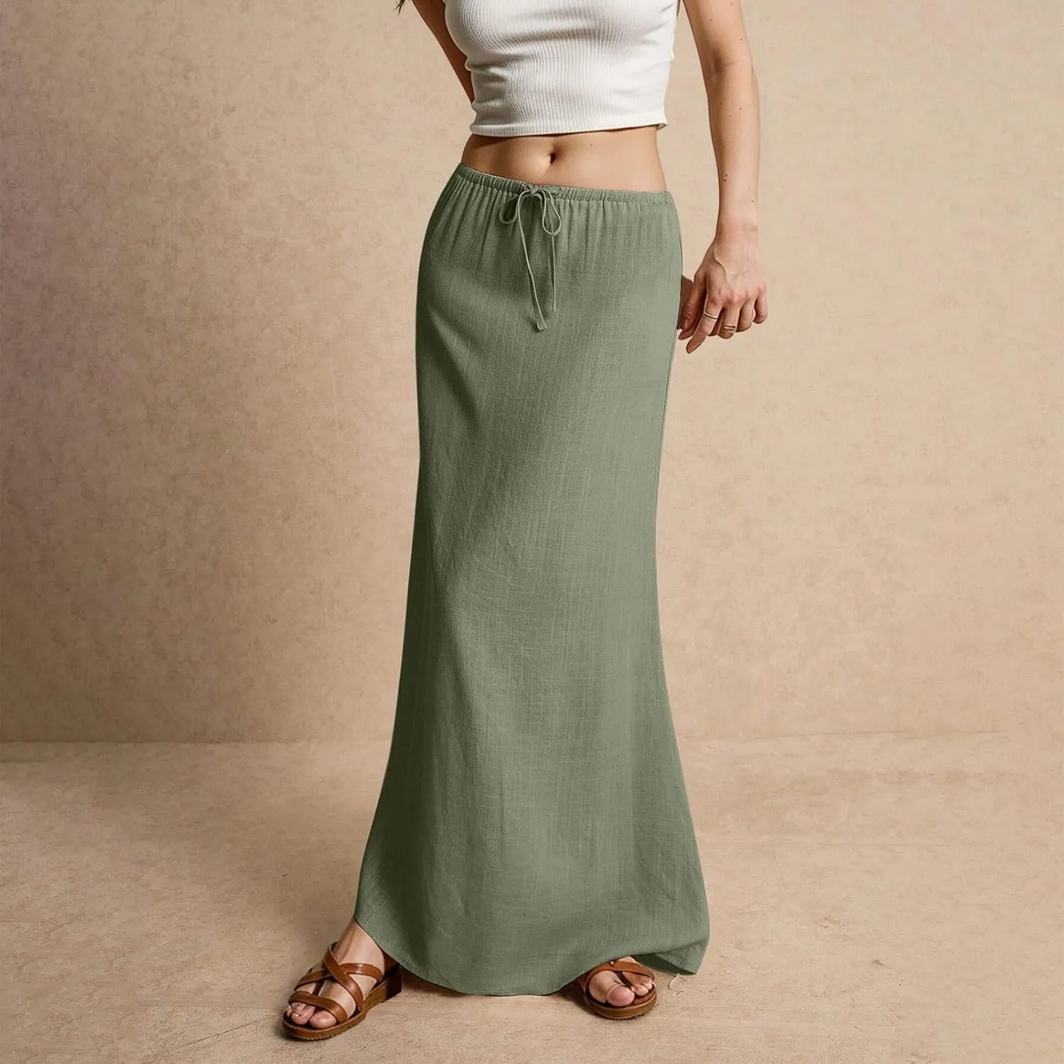 Women's Sundresses 2025 Summer Casual Loose Trendy Drawstring Solid Color Long Maxi Beach Sun Linen Skirts, S-2XL