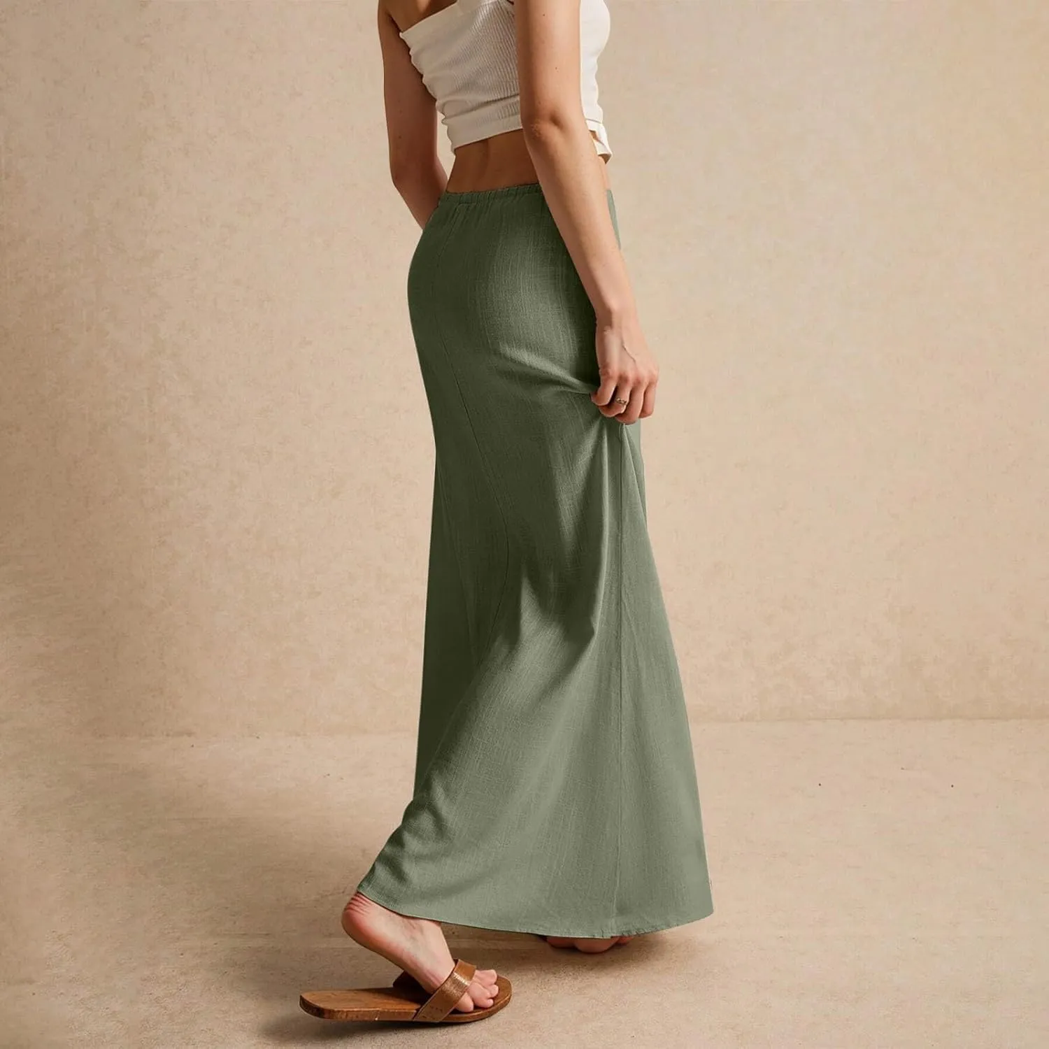 Women's Sundresses 2025 Summer Casual Loose Trendy Drawstring Solid Color Long Maxi Beach Sun Linen Skirts, S-2XL