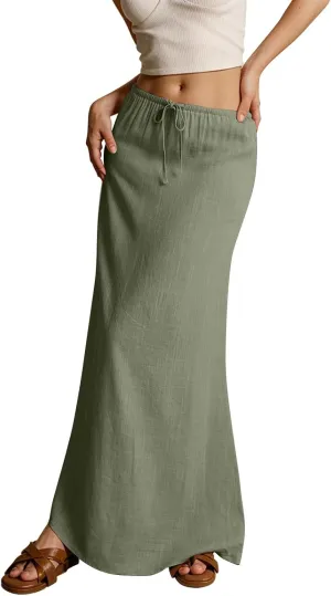 Women's Sundresses 2025 Summer Casual Loose Trendy Drawstring Solid Color Long Maxi Beach Sun Linen Skirts, S-2XL