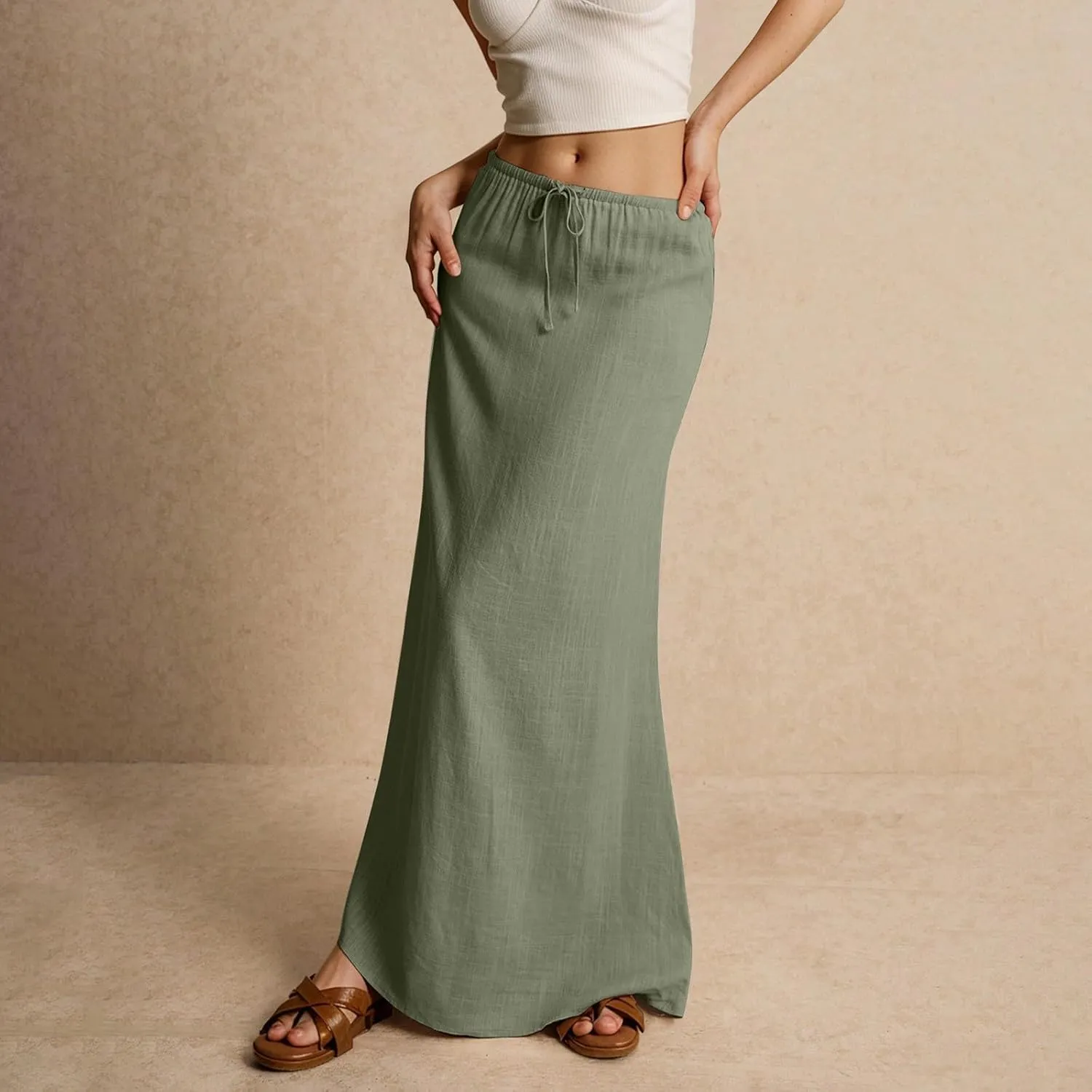 Women's Sundresses 2025 Summer Casual Loose Trendy Drawstring Solid Color Long Maxi Beach Sun Linen Skirts, S-2XL