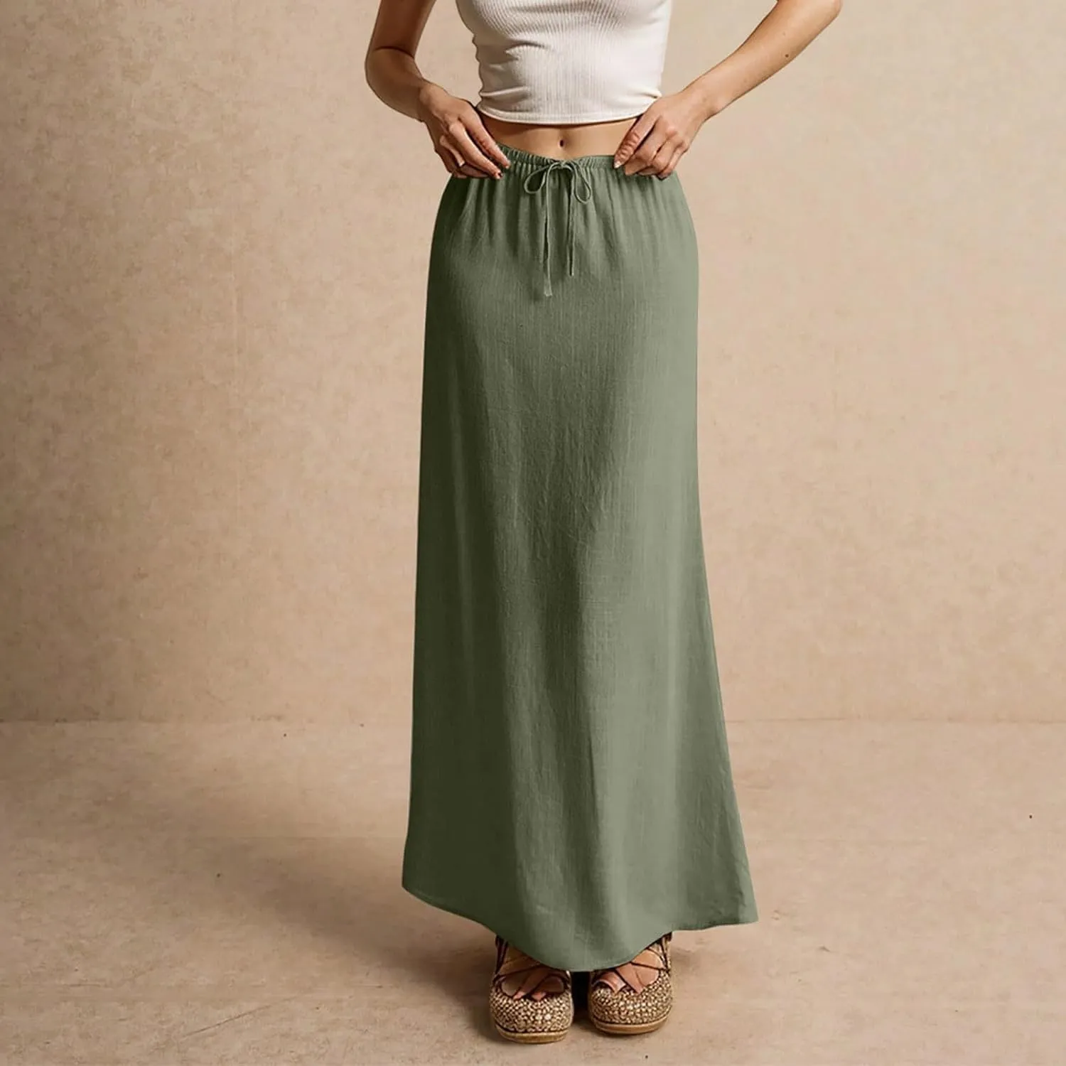 Women's Sundresses 2025 Summer Casual Loose Trendy Drawstring Solid Color Long Maxi Beach Sun Linen Skirts, S-2XL