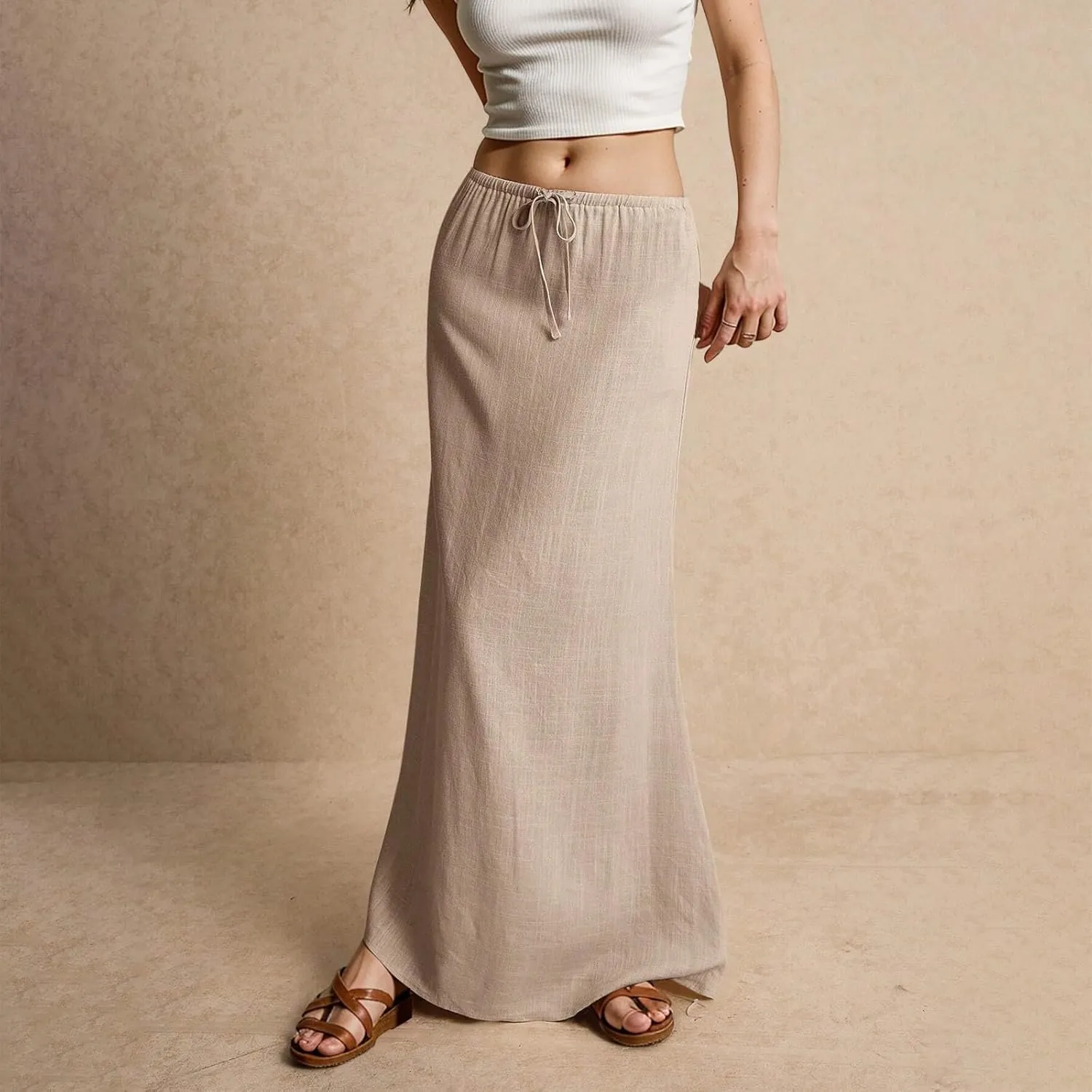 Women's Sundresses 2025 Summer Casual Loose Trendy Drawstring Solid Color Long Maxi Beach Sun Linen Skirts, S-2XL