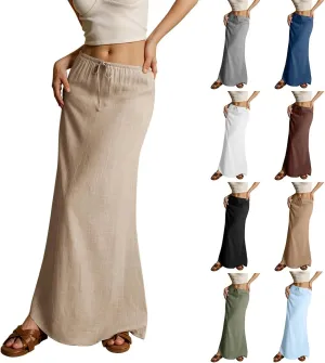 Women's Sundresses 2025 Summer Casual Loose Trendy Drawstring Solid Color Long Maxi Beach Sun Linen Skirts, S-2XL