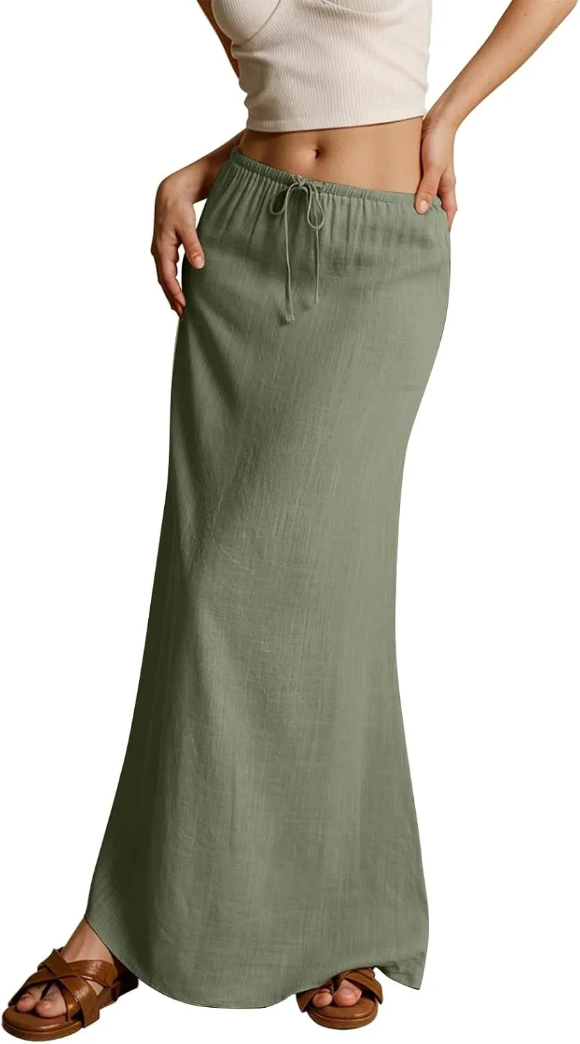 Women's Sundresses 2025 Summer Casual Loose Trendy Drawstring Solid Color Long Maxi Beach Sun Linen Skirts, S-2XL