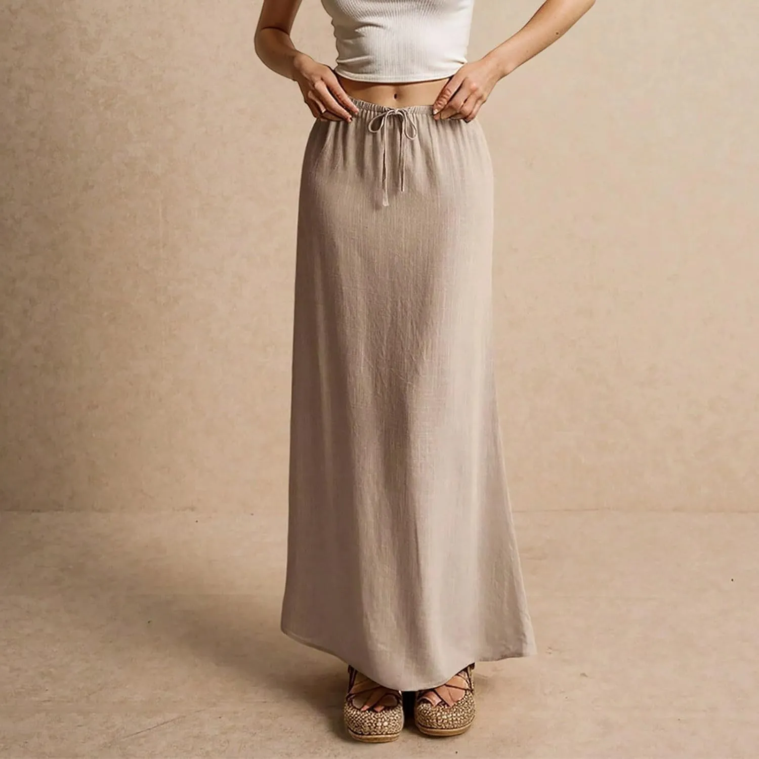 Women's Sundresses 2025 Summer Casual Loose Trendy Drawstring Solid Color Long Maxi Beach Sun Linen Skirts, S-2XL