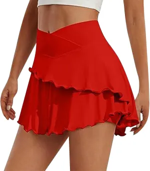 Womens Tennis Mini Skirt Crossover High Waisted Athletic Golf Skorts Running Workout Layered Pleated Ruffle Hem 2 in 1 Shorts