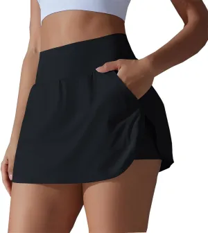 Womens Tennis Shorts Trendy Fake Two-Piece High Waist Sports Pants Gym Yoga Casual Solid Athletic Skirt Shorts 2025