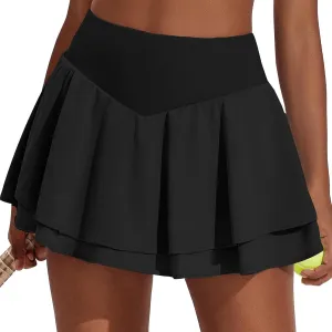 Womens Tennis Skorts Casual High Waisted Flowy Pleated Skater Skirts Athletic Cute Ruffle Layer Yoga Fitness Clothes