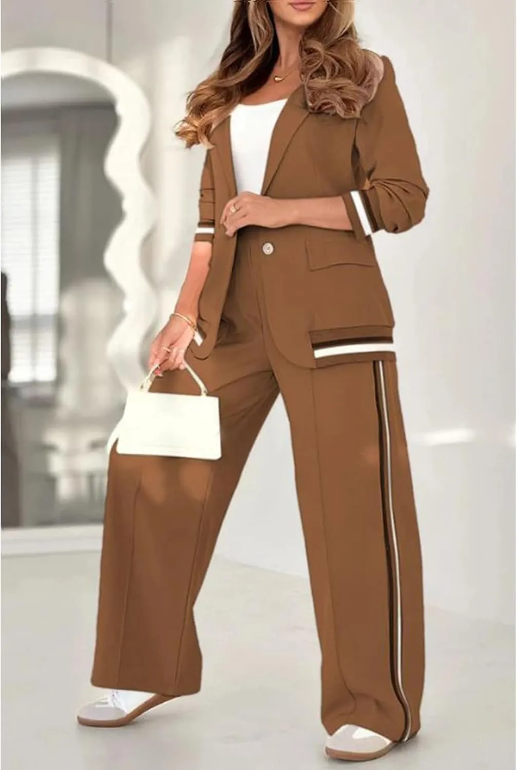 Women's Two Piece Sets Pants Suits 2 Piece Blazer Set Business Casual Blazer Jackets and Dressy Wide Leg Pant Suit Set