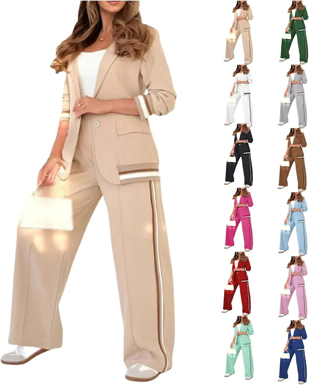 Women's Two Piece Sets Pants Suits 2 Piece Blazer Set Business Casual Blazer Jackets and Dressy Wide Leg Pant Suit Set
