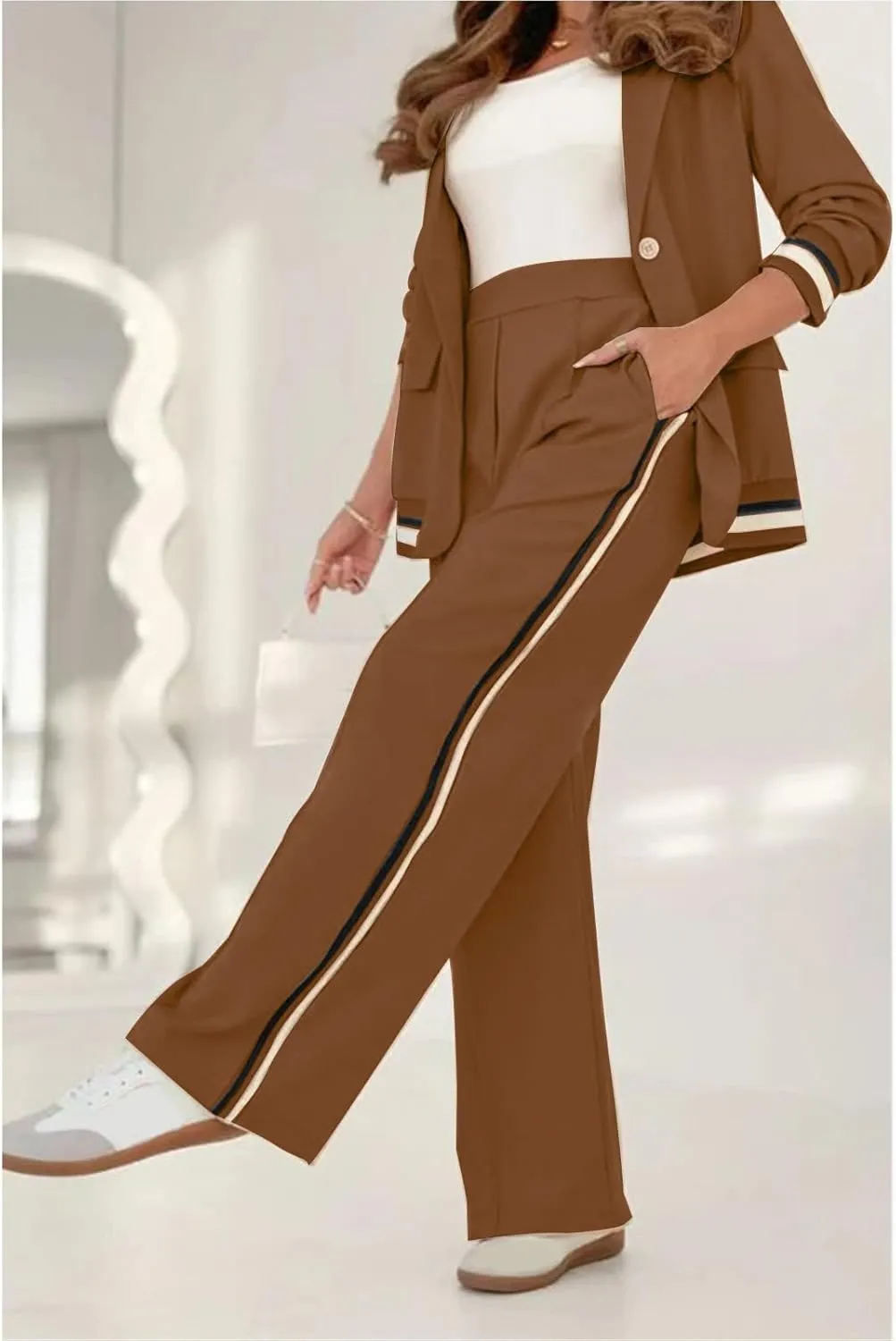Women's Two Piece Sets Pants Suits 2 Piece Blazer Set Business Casual Blazer Jackets and Dressy Wide Leg Pant Suit Set