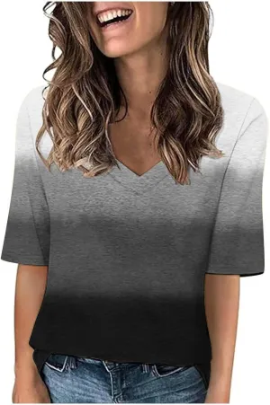 Womens V Neck Gradient Half Sleeve Tops and Blouses Pink and Blue Tie Dyed Shirts 2025 Spring Summer Cute Basic Tees