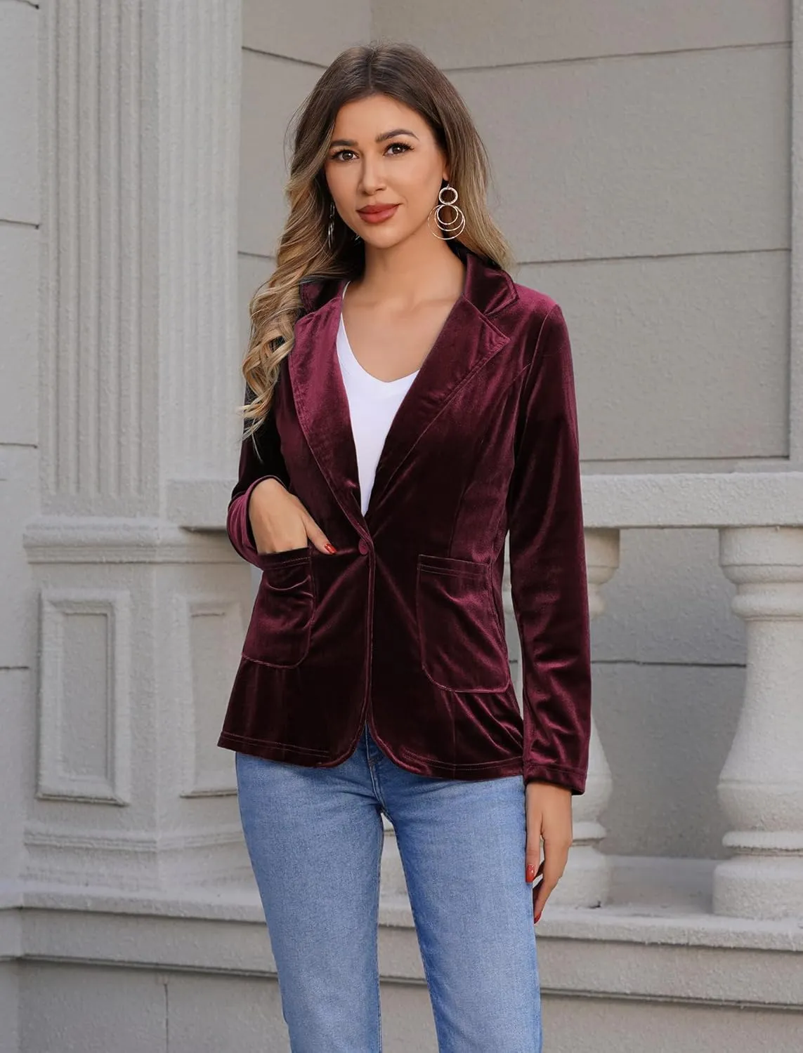 Women's Velvet Blazer Long Sleeve Open Front Button Jacket Outwear with Pockets