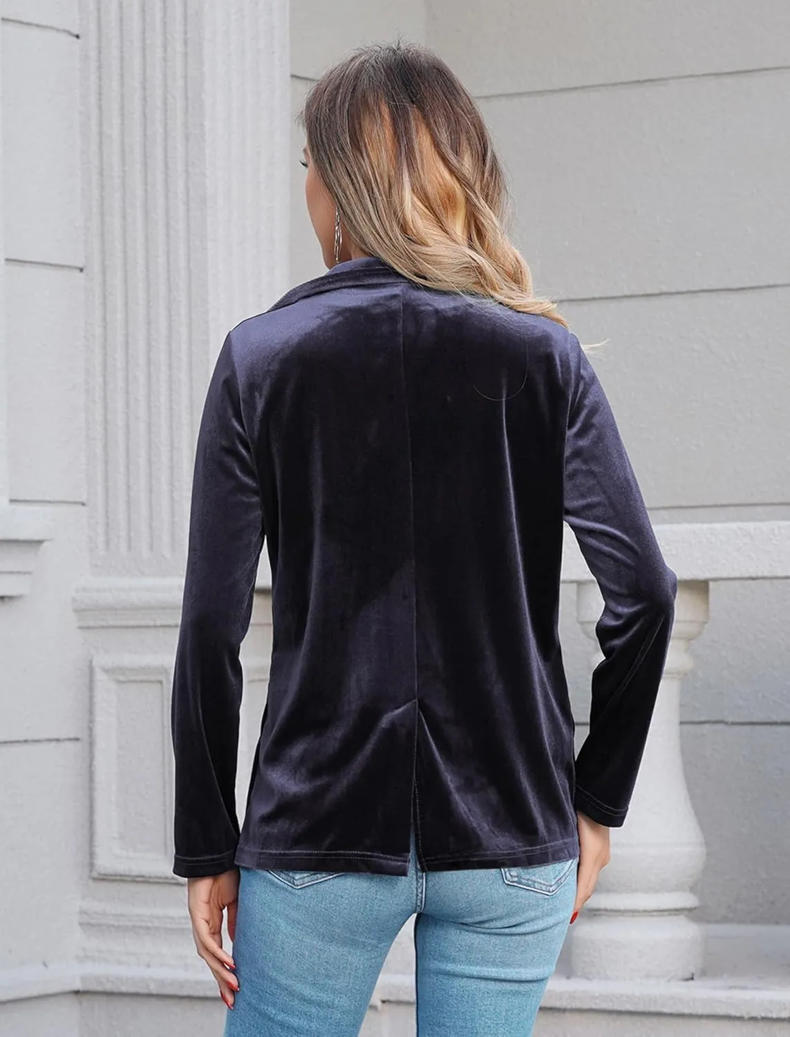 Women's Velvet Blazer Long Sleeve Open Front Button Jacket Outwear with Pockets