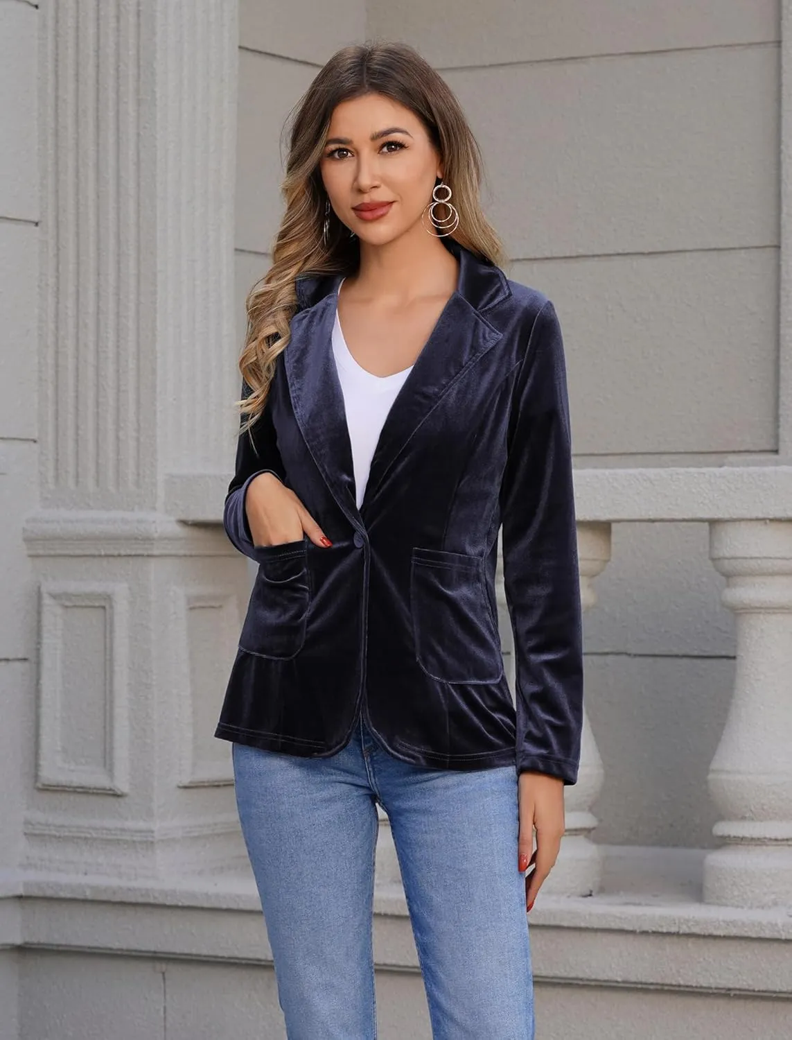 Women's Velvet Blazer Long Sleeve Open Front Button Jacket Outwear with Pockets