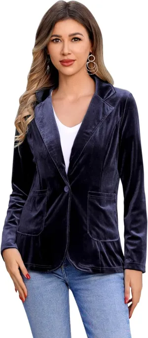 Women's Velvet Blazer Long Sleeve Open Front Button Jacket Outwear with Pockets