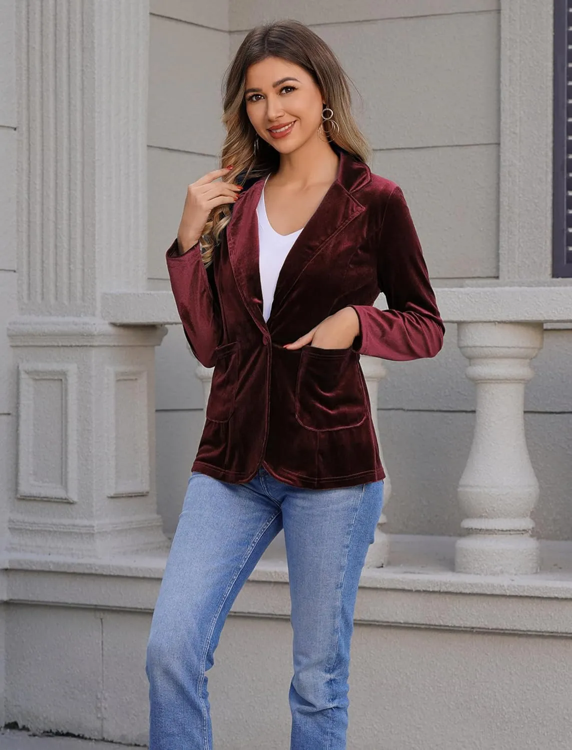 Women's Velvet Blazer Long Sleeve Open Front Button Jacket Outwear with Pockets