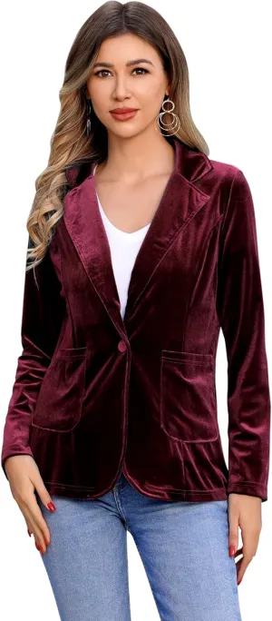 Women's Velvet Blazer Long Sleeve Open Front Button Jacket Outwear with Pockets
