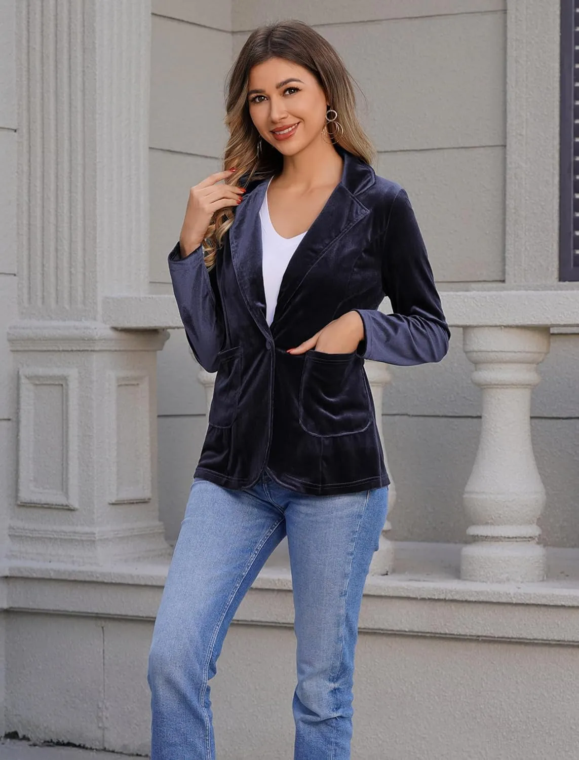 Women's Velvet Blazer Long Sleeve Open Front Button Jacket Outwear with Pockets