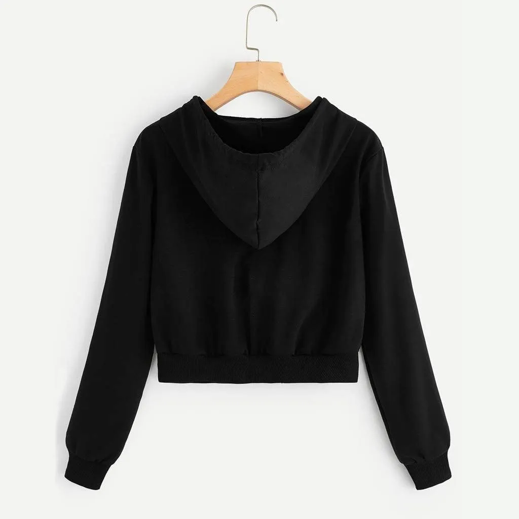 Women's Zip Up Cropped Hoodie Long Sleeve Drawstring Sweatshirts Casual Slim Fit Solid Color Crop Tops with Pocket