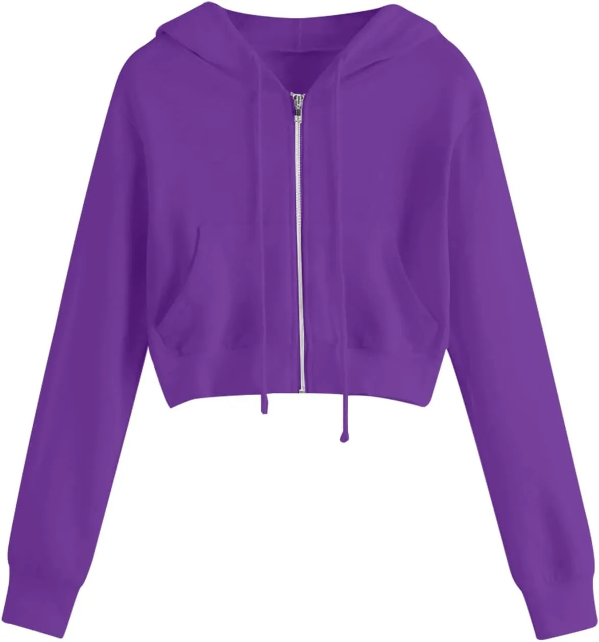 Women's Zip Up Cropped Hoodie Long Sleeve Drawstring Sweatshirts Casual Slim Fit Solid Color Crop Tops with Pocket