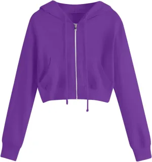Women's Zip Up Cropped Hoodie Long Sleeve Drawstring Sweatshirts Casual Slim Fit Solid Color Crop Tops with Pocket