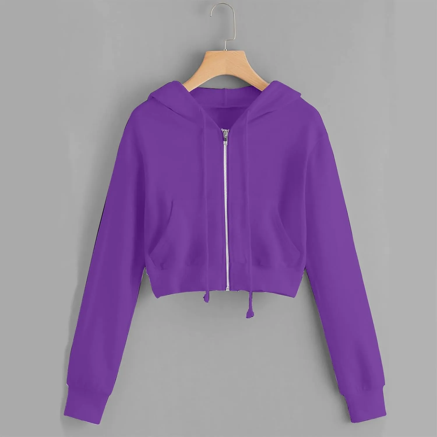 Women's Zip Up Cropped Hoodie Long Sleeve Drawstring Sweatshirts Casual Slim Fit Solid Color Crop Tops with Pocket