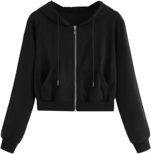 Women's Zip Up Cropped Hoodie Long Sleeve Drawstring Sweatshirts Casual Slim Fit Solid Color Crop Tops with Pocket