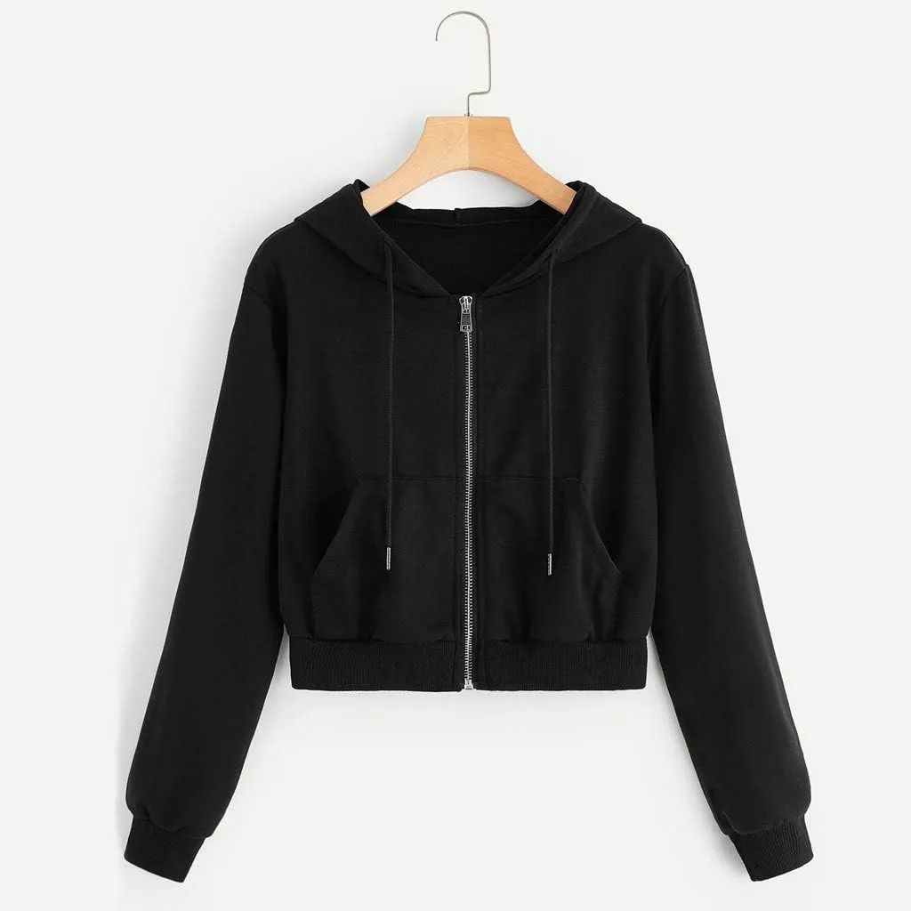 Women's Zip Up Cropped Hoodie Long Sleeve Drawstring Sweatshirts Casual Slim Fit Solid Color Crop Tops with Pocket