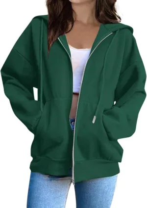 Womens Zip Up Hoodies Casual Long Sleeve Sweatershirts Oversized Drawstring Jackets with Pockets