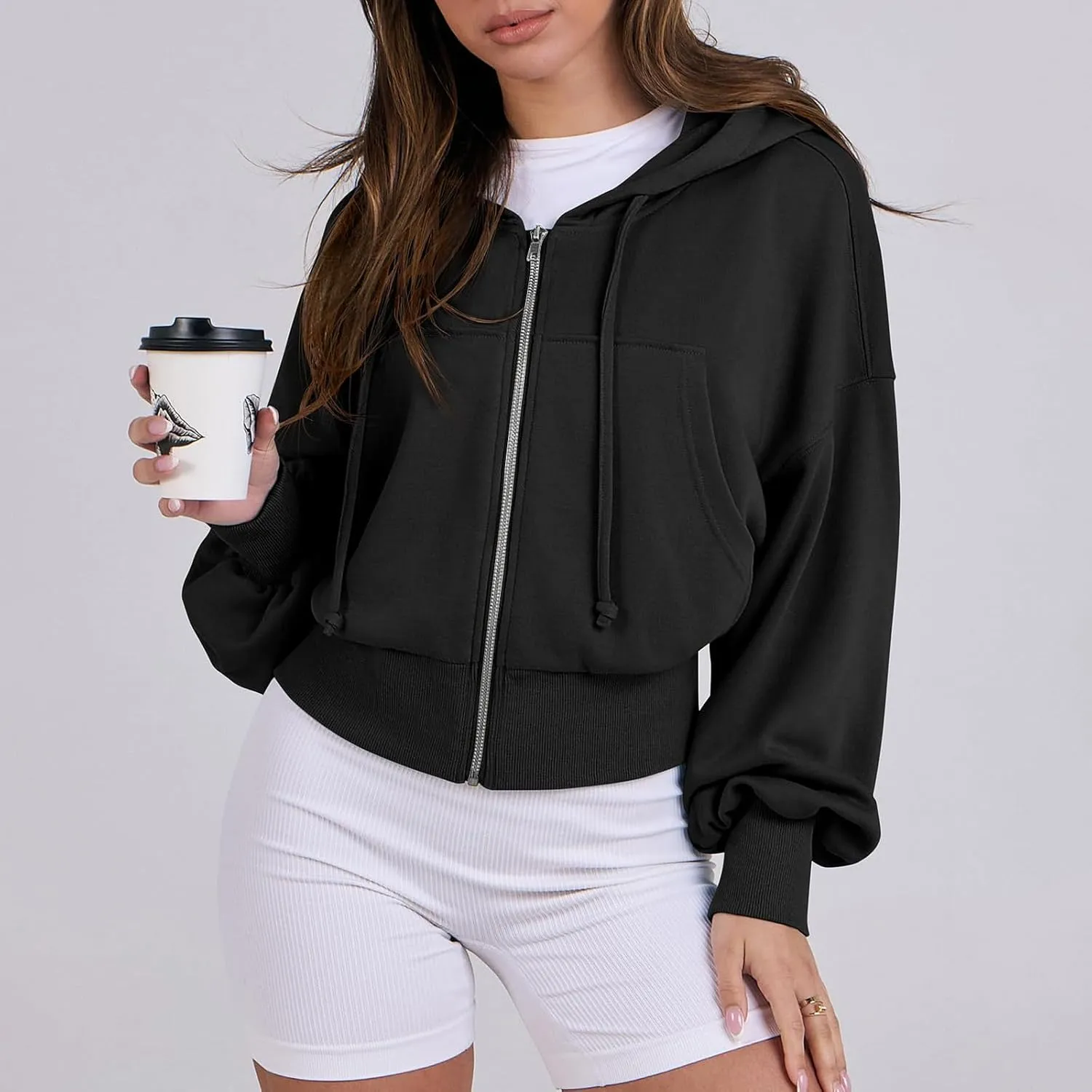 Womens Zip Up Hoodies Cropped Sweatshirts Fleece Crop Jacket Fall Casual Drawstring Full Zip Hoodie Winter Clothes
