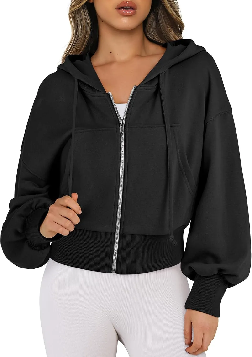 Womens Zip Up Hoodies Cropped Sweatshirts Fleece Crop Jacket Fall Casual Drawstring Full Zip Hoodie Winter Clothes