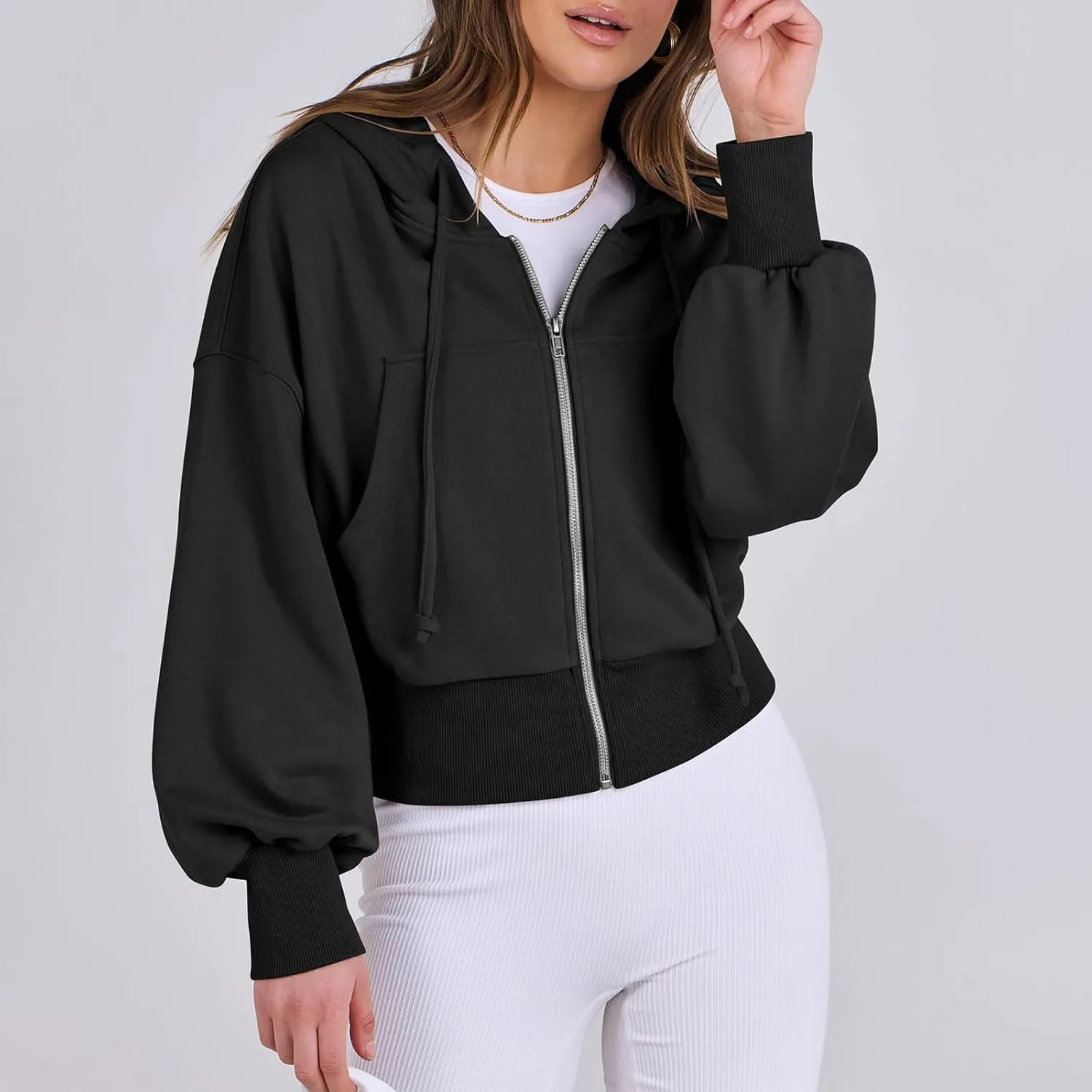 Womens Zip Up Hoodies Cropped Sweatshirts Fleece Crop Jacket Fall Casual Drawstring Full Zip Hoodie Winter Clothes