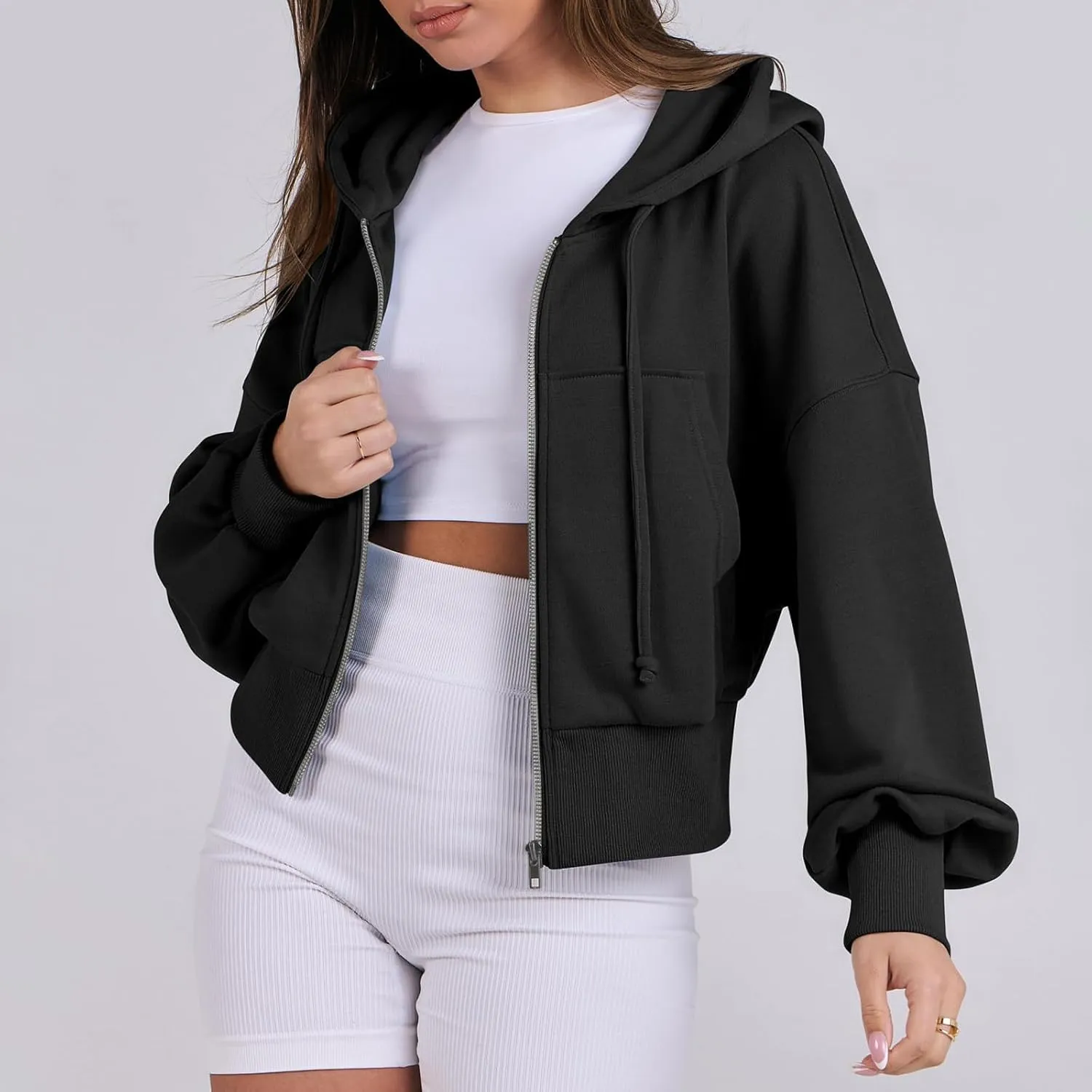 Womens Zip Up Hoodies Cropped Sweatshirts Fleece Crop Jacket Fall Casual Drawstring Full Zip Hoodie Winter Clothes