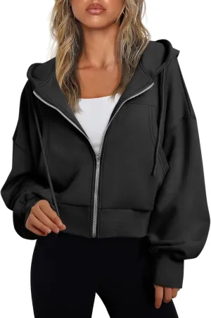 Womens Zip Up Hoodies Cropped Sweatshirts Fleece Crop Jacket Fall Casual Drawstring Full Zip Hoodie Winter Clothes