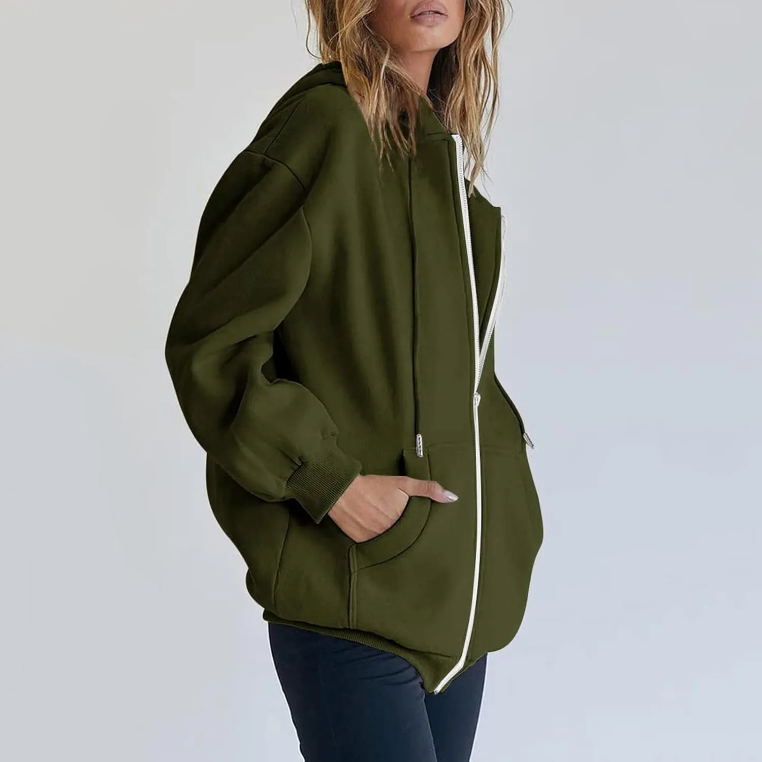 Womens Zip Up Hoodies Long Sleeve Fall Oversized Sweatshirts Casual Plain Fleece Jacket with Pockets Y2K Clothes Outwear