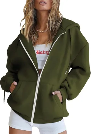 Womens Zip Up Hoodies Long Sleeve Fall Oversized Sweatshirts Casual Plain Fleece Jacket with Pockets Y2K Clothes Outwear