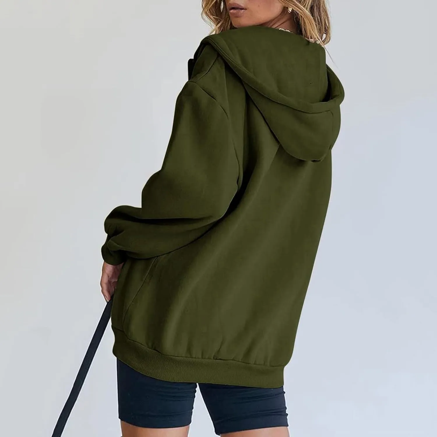 Womens Zip Up Hoodies Long Sleeve Fall Oversized Sweatshirts Casual Plain Fleece Jacket with Pockets Y2K Clothes Outwear
