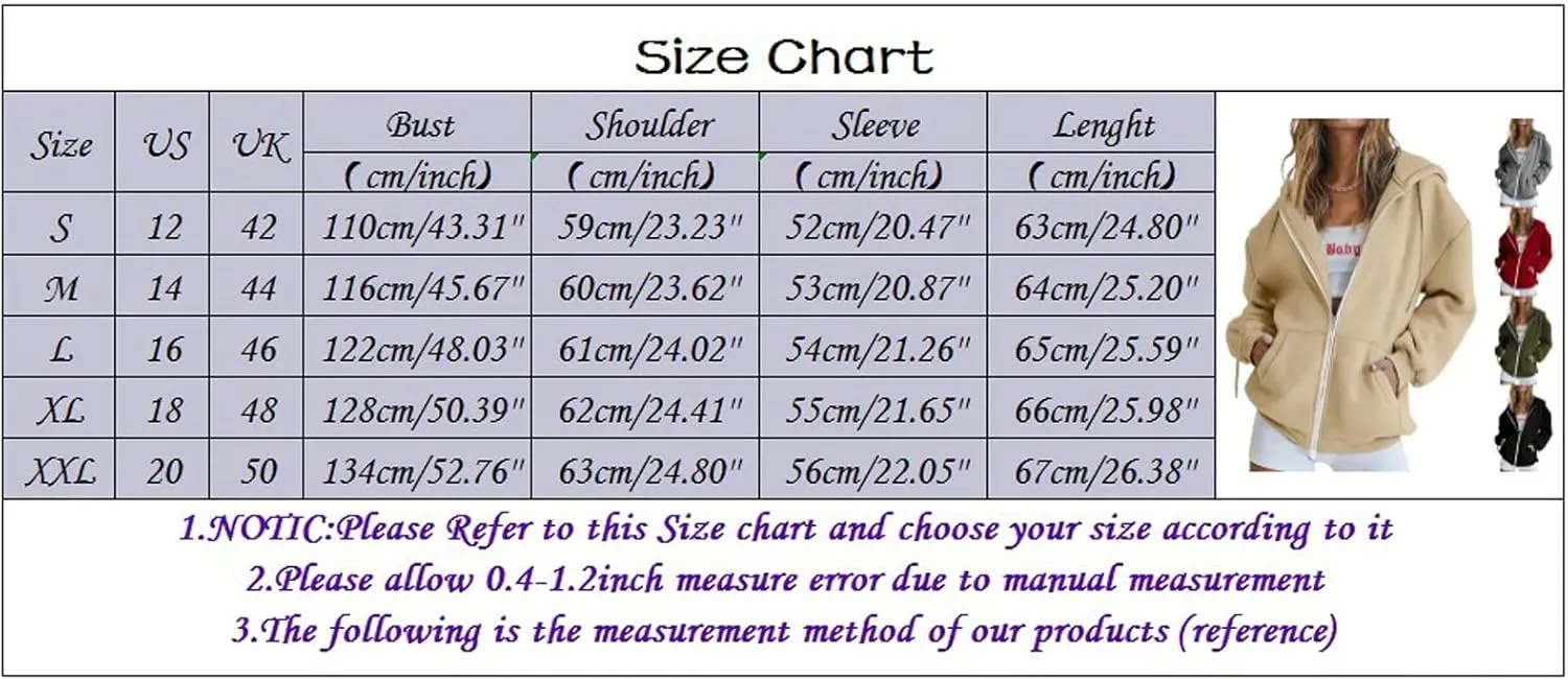 Womens Zip Up Hoodies Long Sleeve Fall Oversized Sweatshirts Casual Plain Fleece Jacket with Pockets Y2K Clothes Outwear