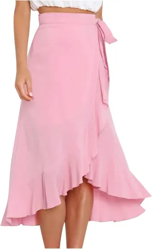 Wrap Skirts for Women Sexy Elegant Ruffle Asymmetrical Hem Maxi Skirts Summer Causal Solid Office Work Party Skirt